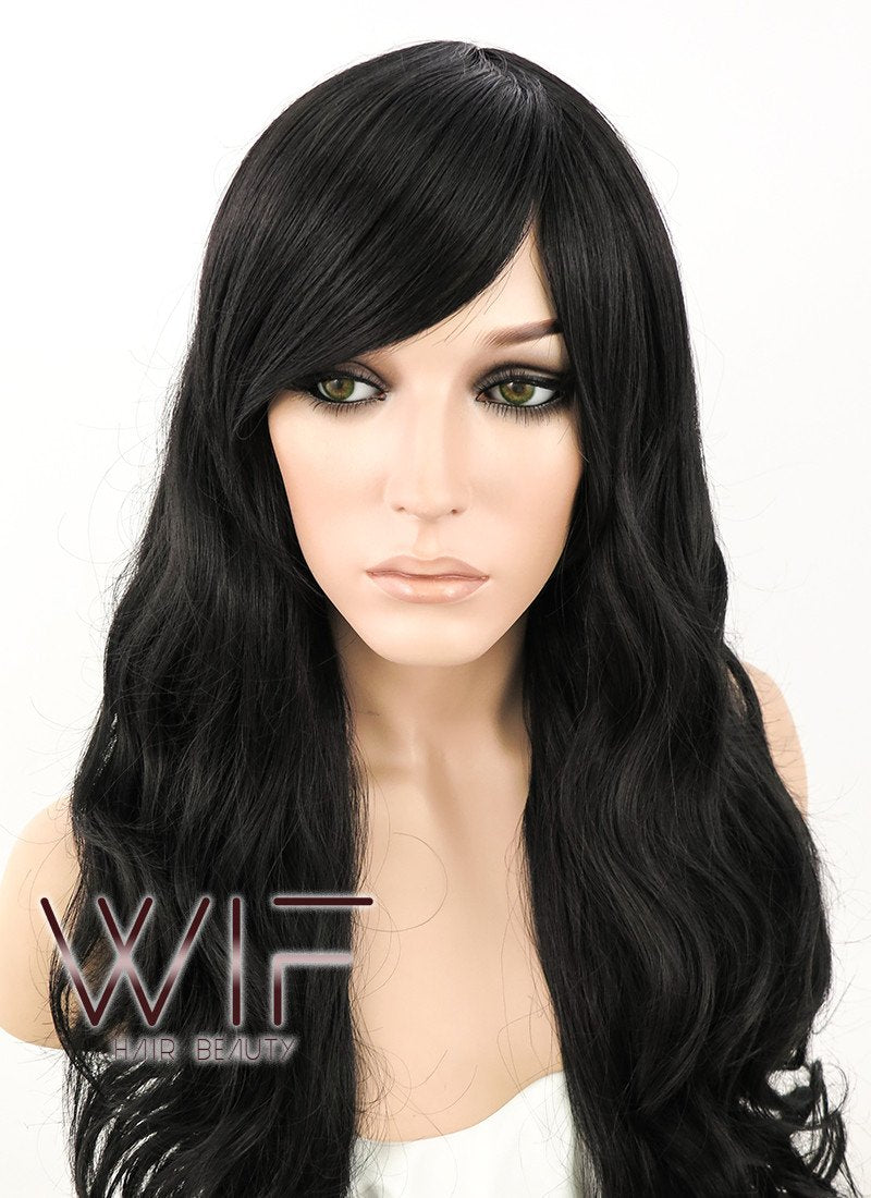 24" Heat Resistant Long Wavy Jet Black Fashion Hair Wig MS01
