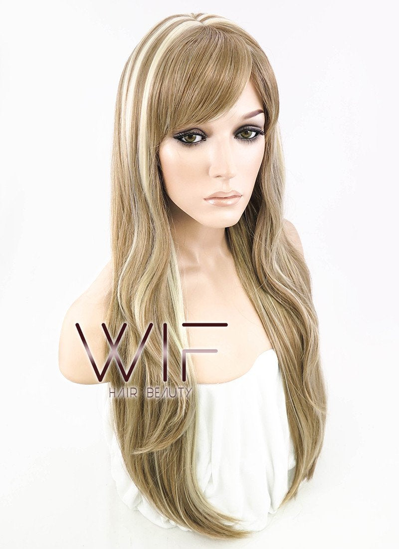 28" Wavy Pale Blonde Mixed Light Brown Synthetic Wig NW014