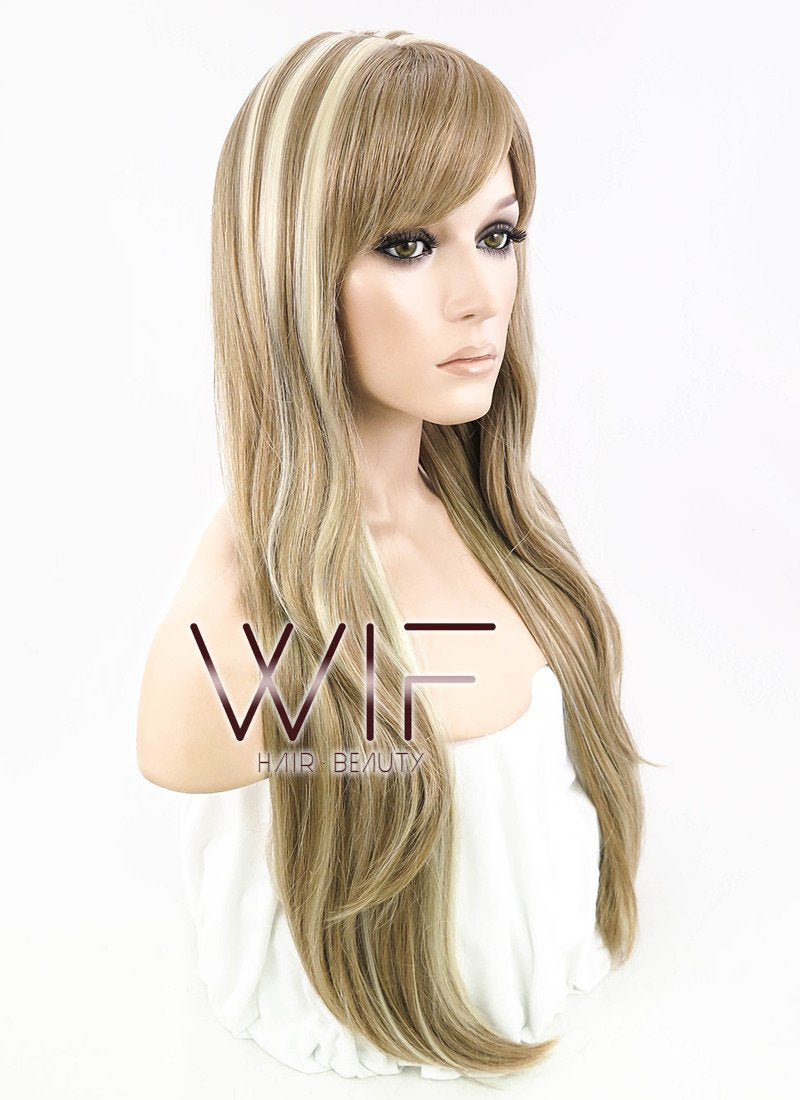 28" Wavy Pale Blonde Mixed Light Brown Synthetic Wig NW014