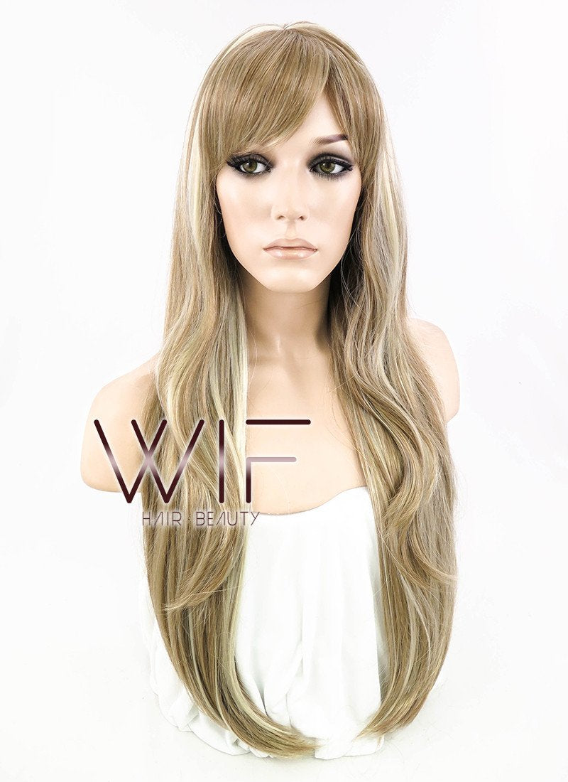 28" Wavy Pale Blonde Mixed Light Brown Synthetic Wig NW014