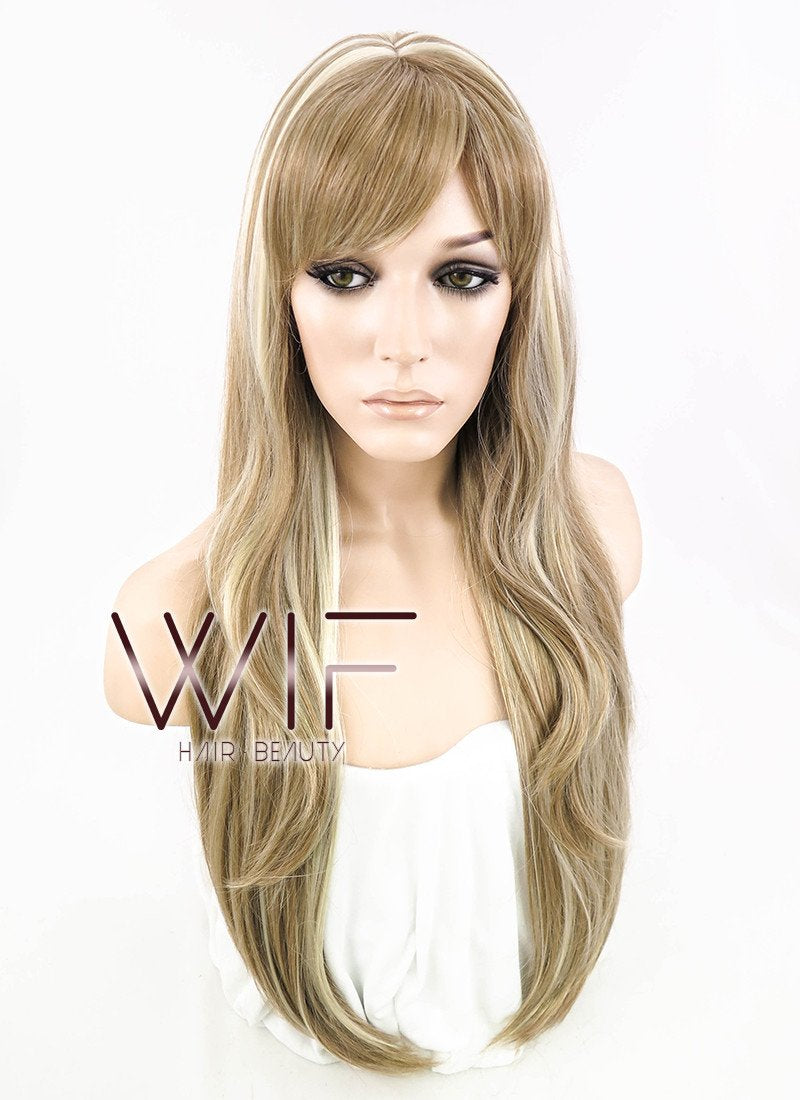 28" Wavy Pale Blonde Mixed Light Brown Synthetic Wig NW014