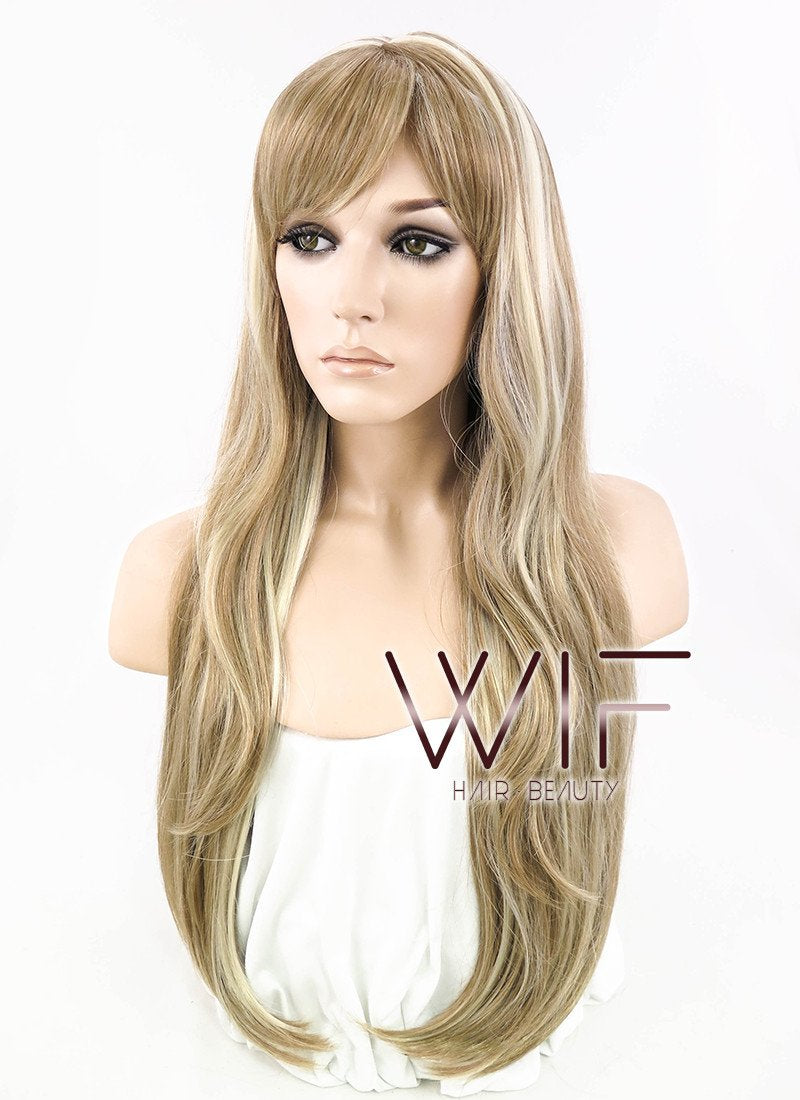 28" Wavy Pale Blonde Mixed Light Brown Synthetic Wig NW014