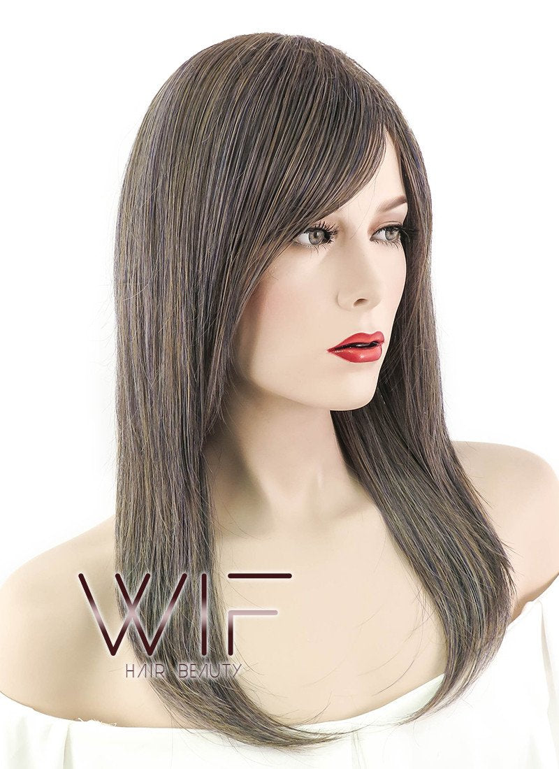 24" Straight Ash Brown Mixed Blue Synthetic Wig NW088
