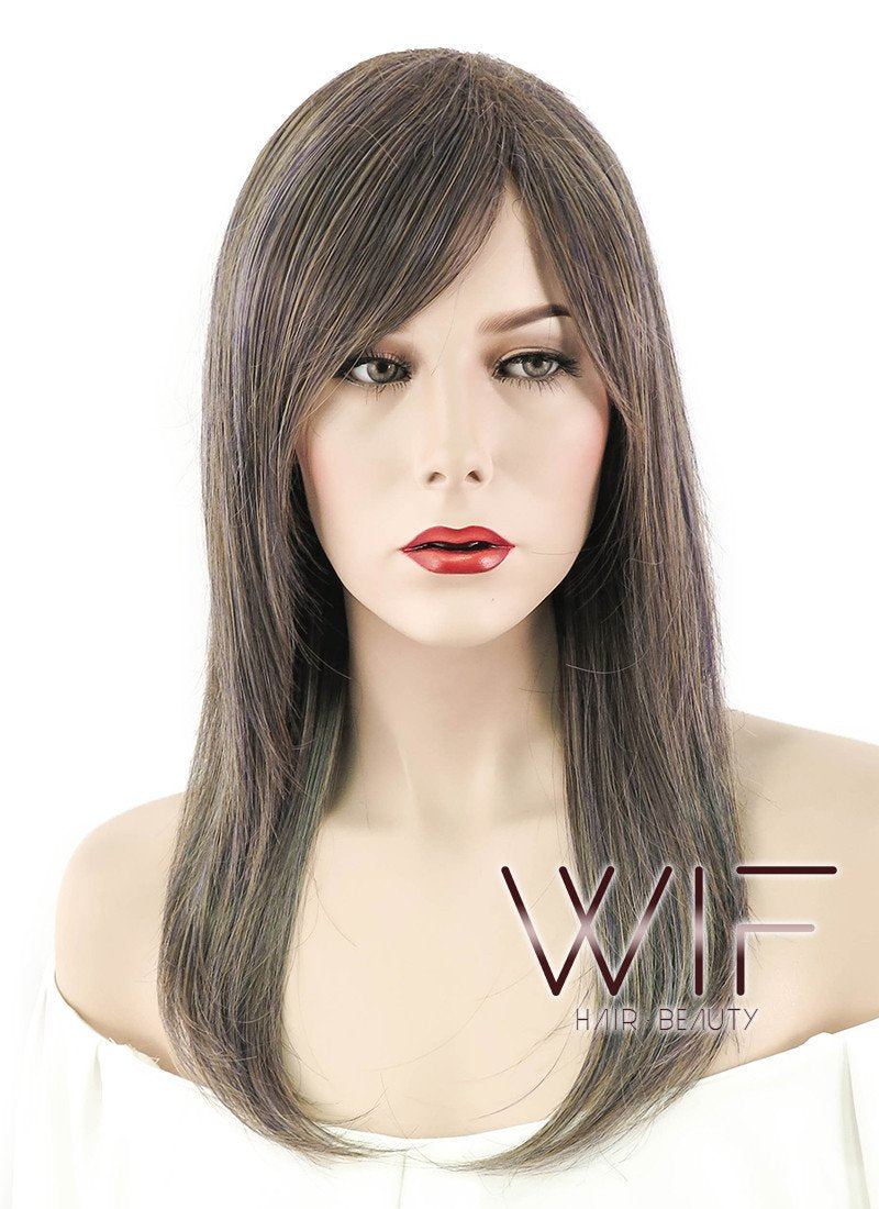 24" Straight Ash Brown Mixed Blue Synthetic Wig NW088