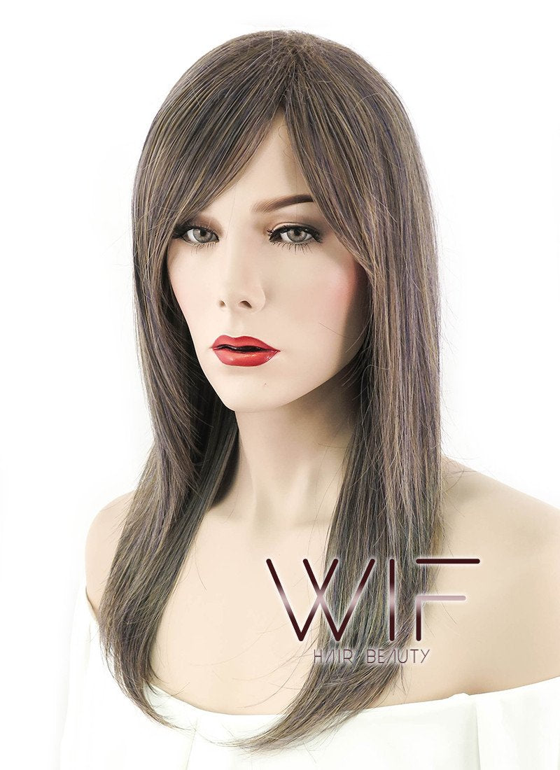 24" Straight Ash Brown Mixed Blue Synthetic Wig NW088