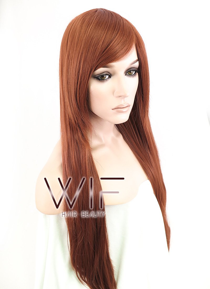 31" Straight Auburn Brown Synthetic Wig PL013
