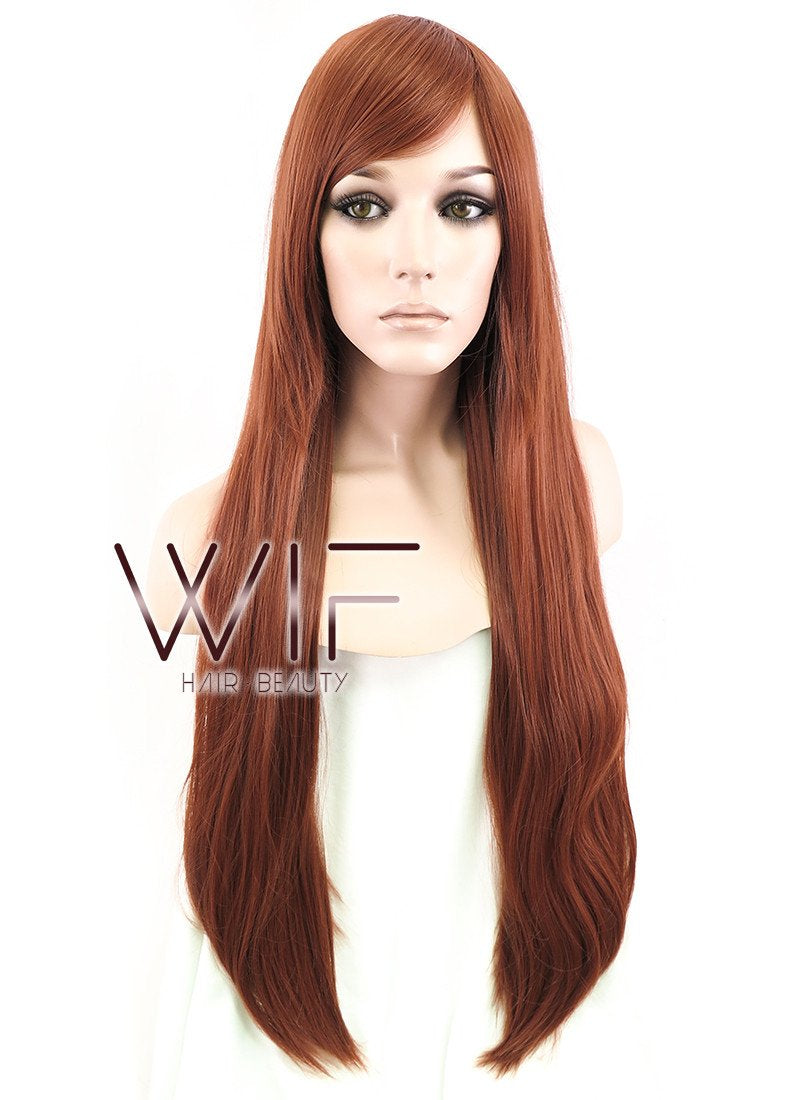 31" Straight Auburn Brown Synthetic Wig PL013