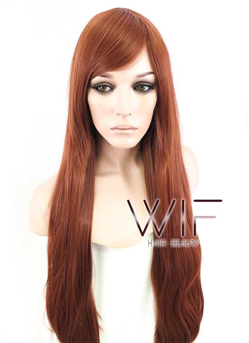 31" Straight Auburn Brown Synthetic Wig PL013