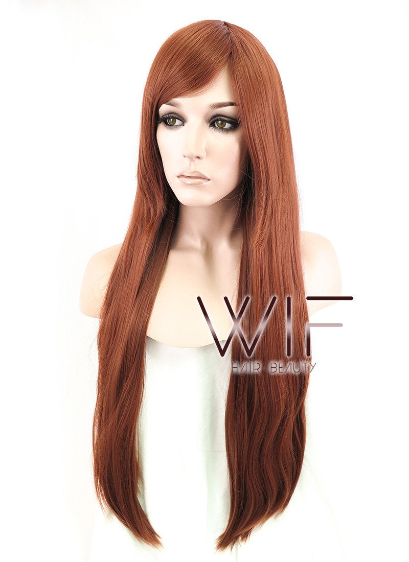 31" Straight Auburn Brown Synthetic Wig PL013