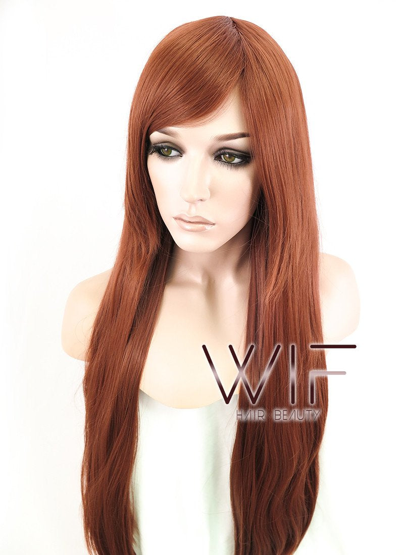 31" Straight Auburn Brown Synthetic Wig PL013