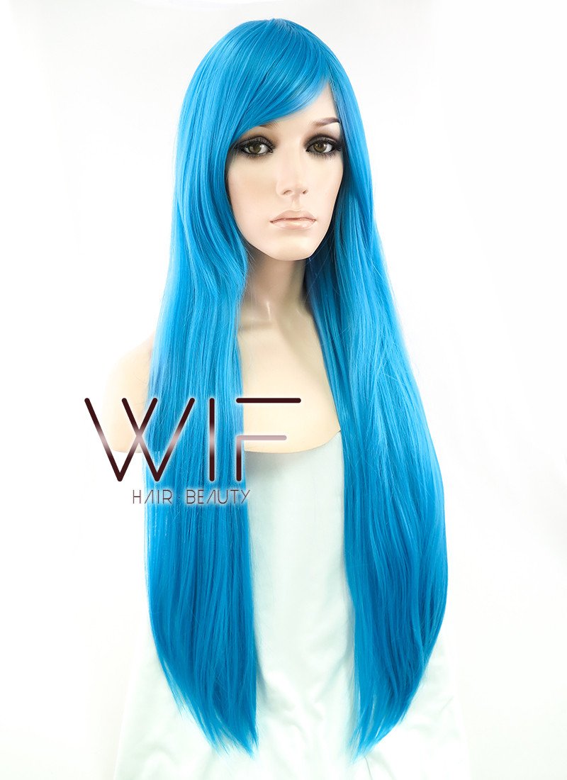 31" Straight Peacock Blue Synthetic Wig PL014
