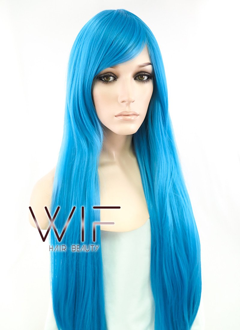 31" Straight Peacock Blue Synthetic Wig PL014