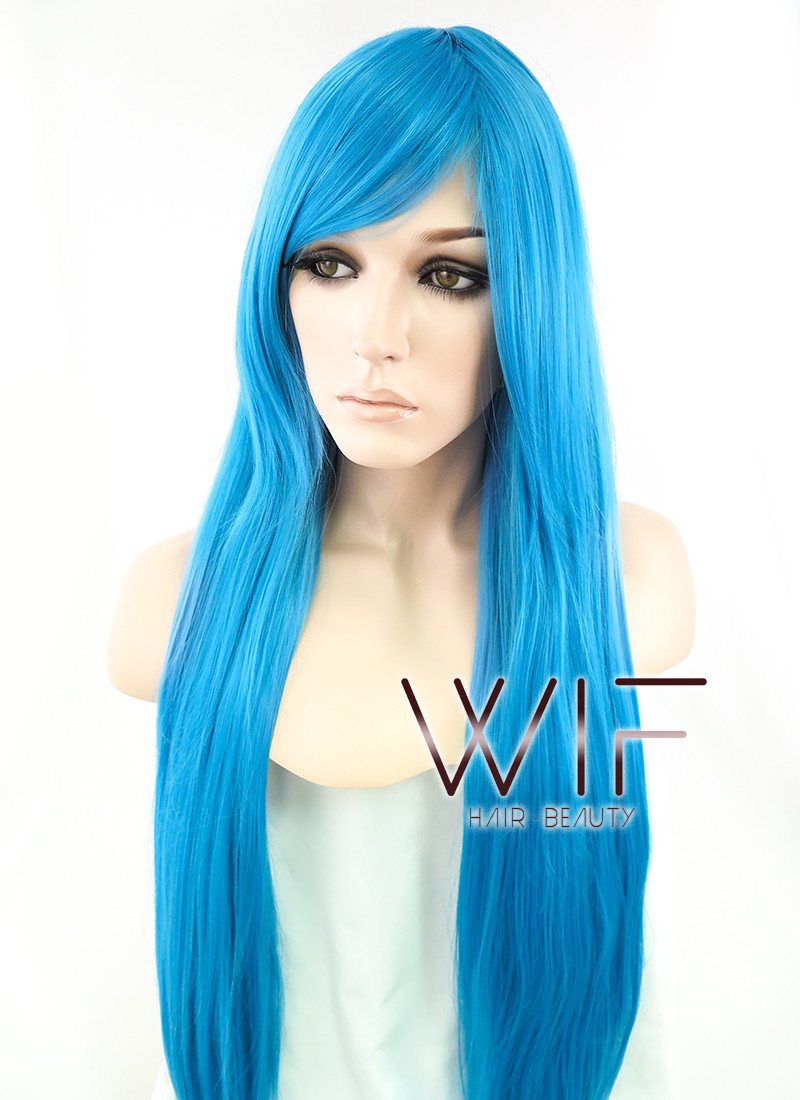 31" Straight Peacock Blue Synthetic Wig PL014