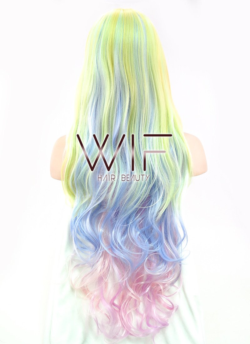 34" Wavy Yellow Blue Pink Mixed Synthetic Wig PL052