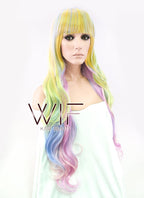 34" Wavy Yellow Blue Pink Mixed Synthetic Wig PL052