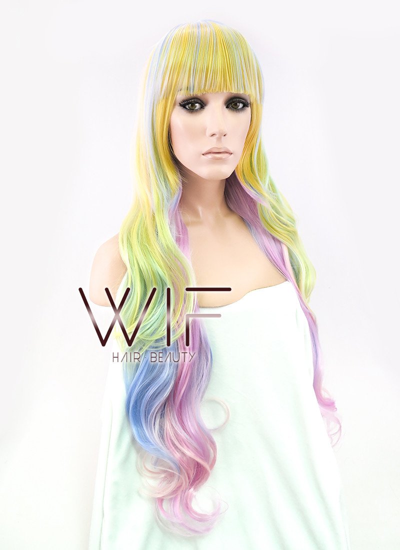 34" Wavy Yellow Blue Pink Mixed Synthetic Wig PL052