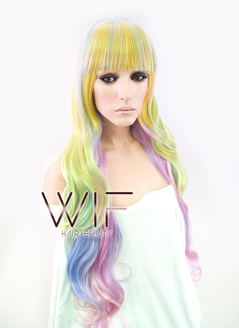 34" Wavy Yellow Blue Pink Mixed Synthetic Wig PL052