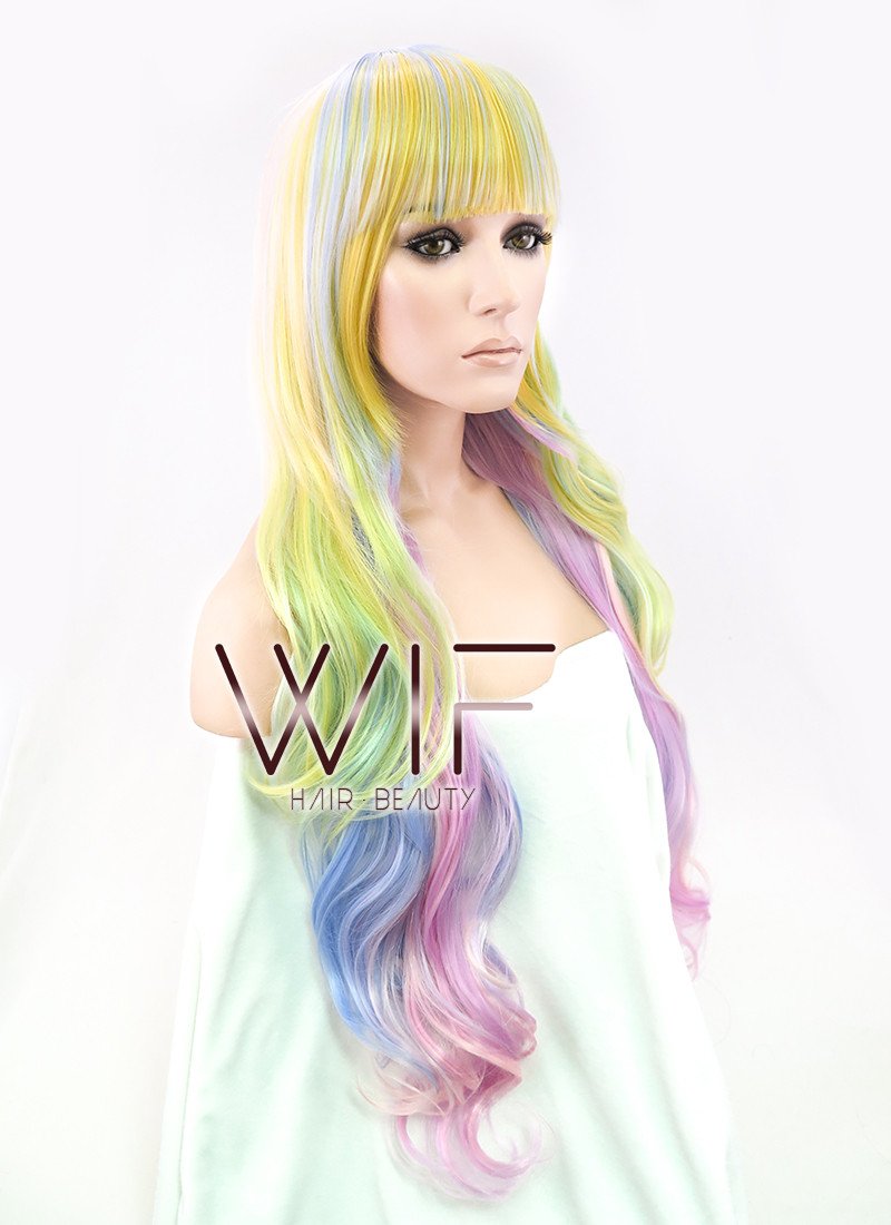 34" Wavy Yellow Blue Pink Mixed Synthetic Wig PL052