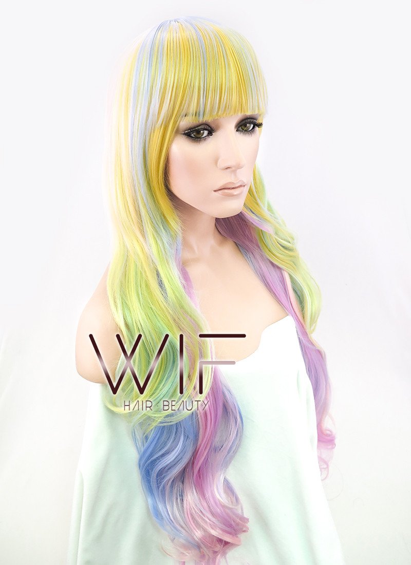 34" Wavy Yellow Blue Pink Mixed Synthetic Wig PL052