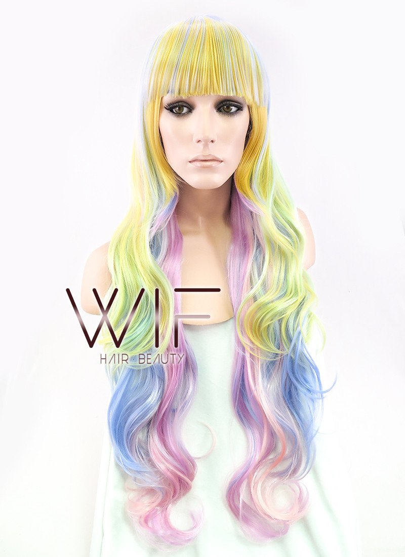 34" Wavy Yellow Blue Pink Mixed Synthetic Wig PL052