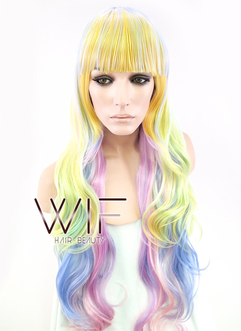 34" Wavy Yellow Blue Pink Mixed Synthetic Wig PL052