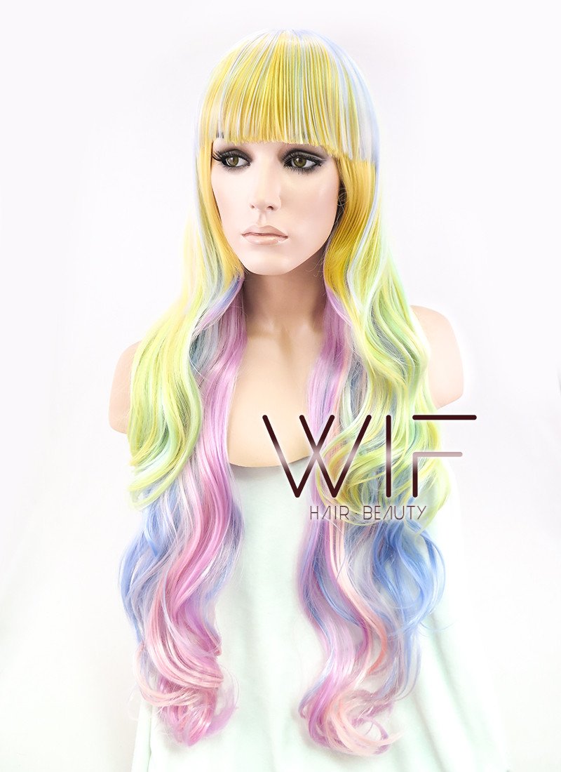 34" Wavy Yellow Blue Pink Mixed Synthetic Wig PL052