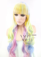 34" Wavy Yellow Blue Pink Mixed Synthetic Wig PL052