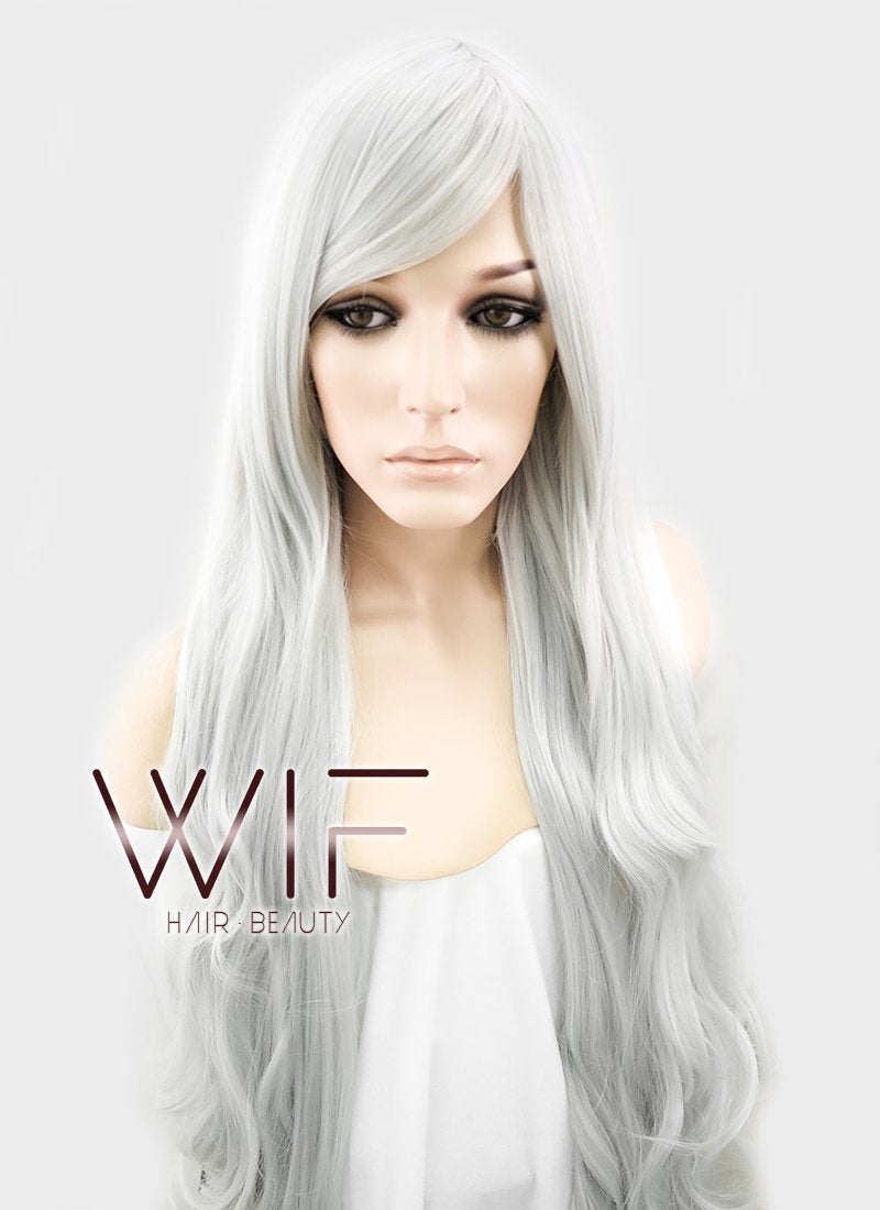 39" Wavy Silver White Synthetic Wig PL368