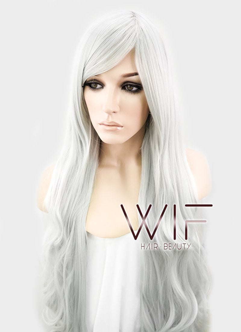 39" Wavy Silver White Synthetic Wig PL368