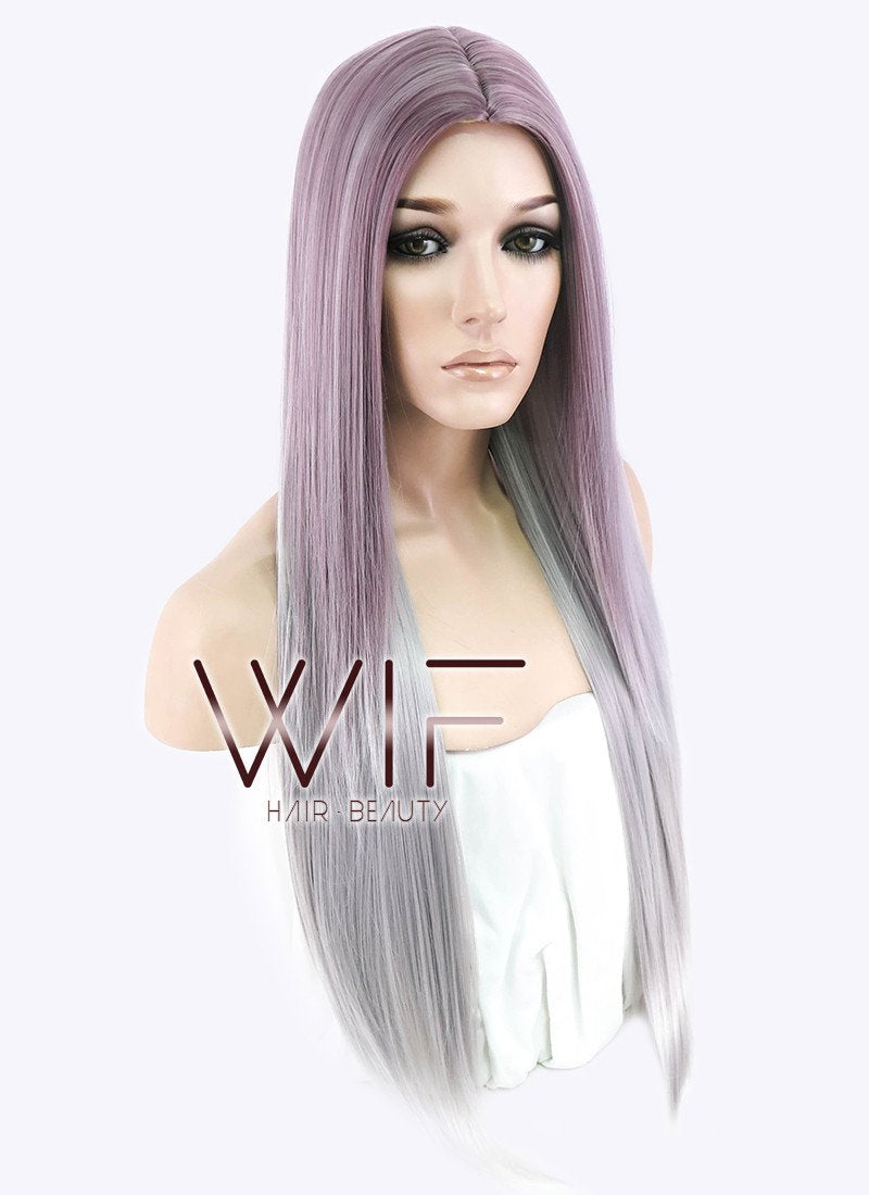 28" Straight Purple Grey Ombre Synthetic Wig PL473