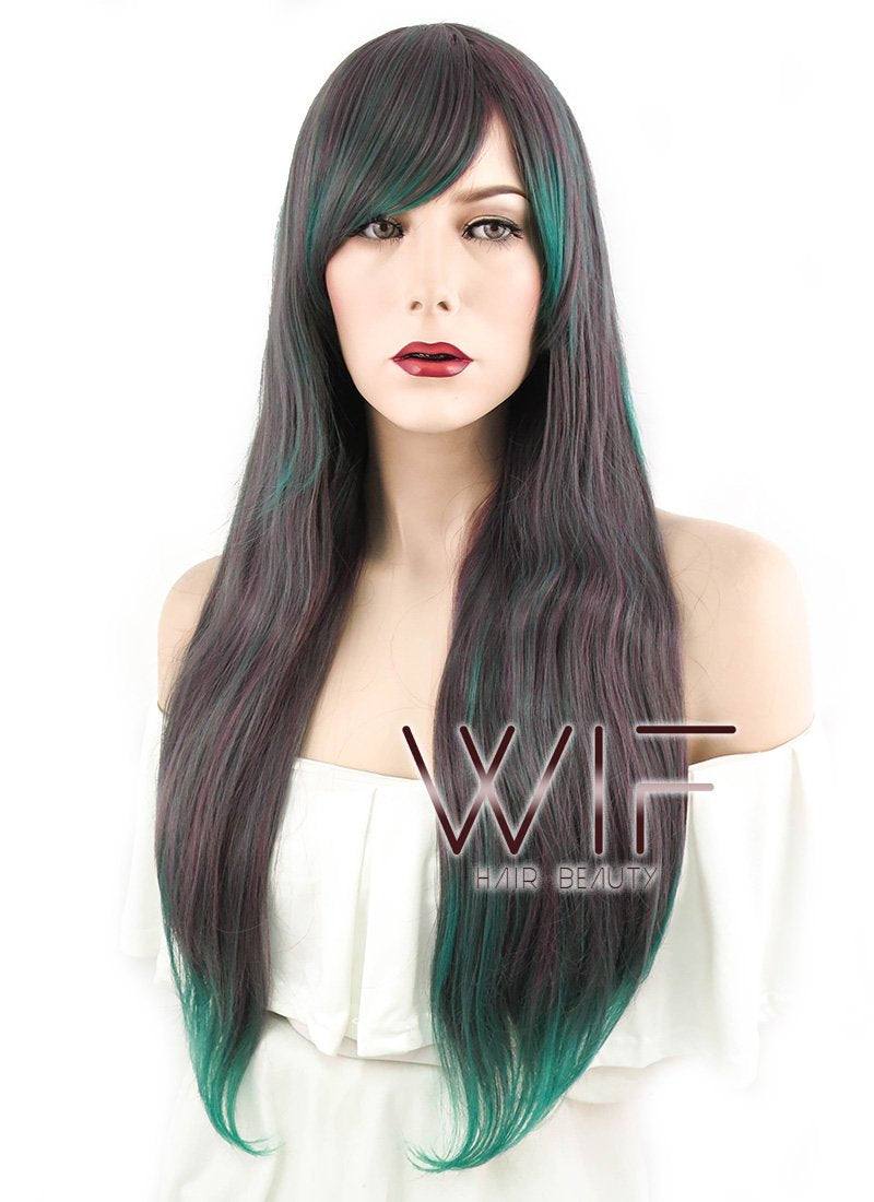 28" Wavy Ash Brown Mixed Green Synthetic Wig PL267
