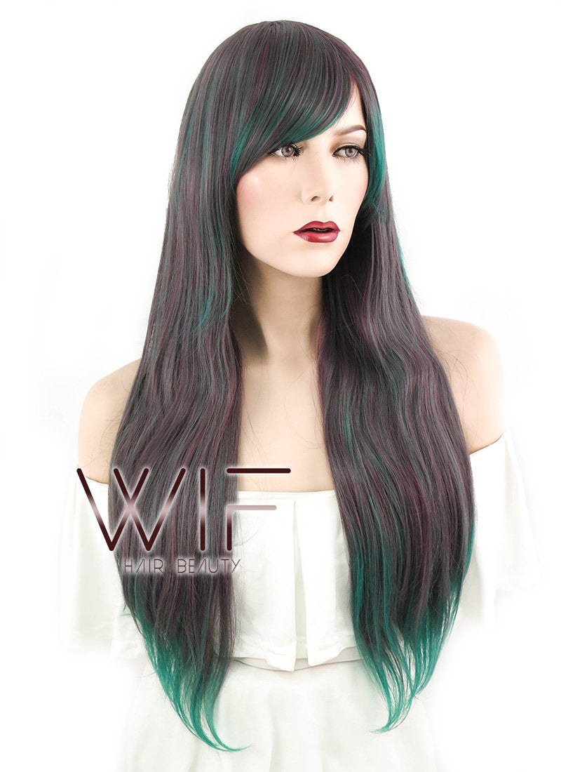 28" Wavy Ash Brown Mixed Green Synthetic Wig PL267