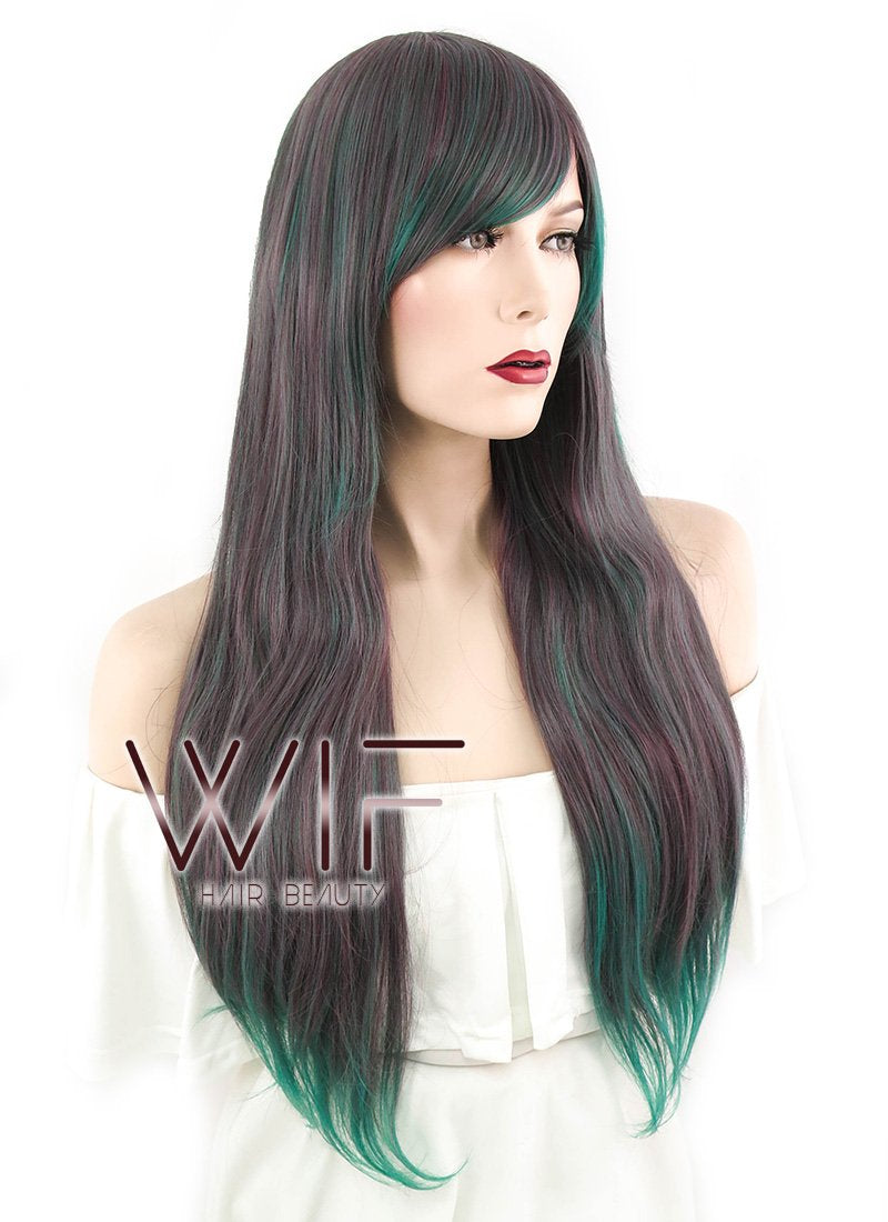 28" Wavy Ash Brown Mixed Green Synthetic Wig PL267