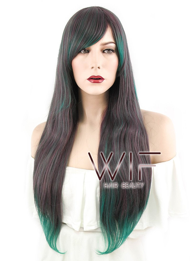28" Wavy Ash Brown Mixed Green Synthetic Wig PL267
