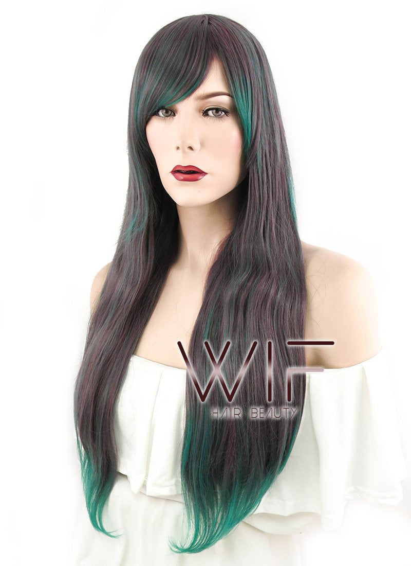 28" Wavy Ash Brown Mixed Green Synthetic Wig PL267
