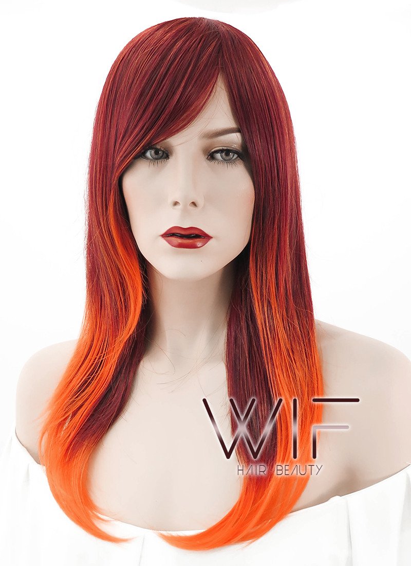 22" Long Wavy Orange Mixed Red Ombre Fashion Synthetic Hair Wig PL330