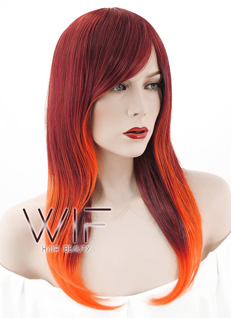 22" Long Wavy Orange Mixed Red Ombre Fashion Synthetic Hair Wig PL330