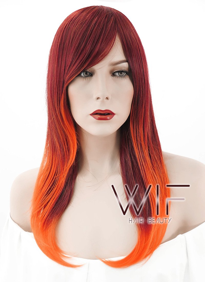 22" Long Wavy Orange Mixed Red Ombre Fashion Synthetic Hair Wig PL330