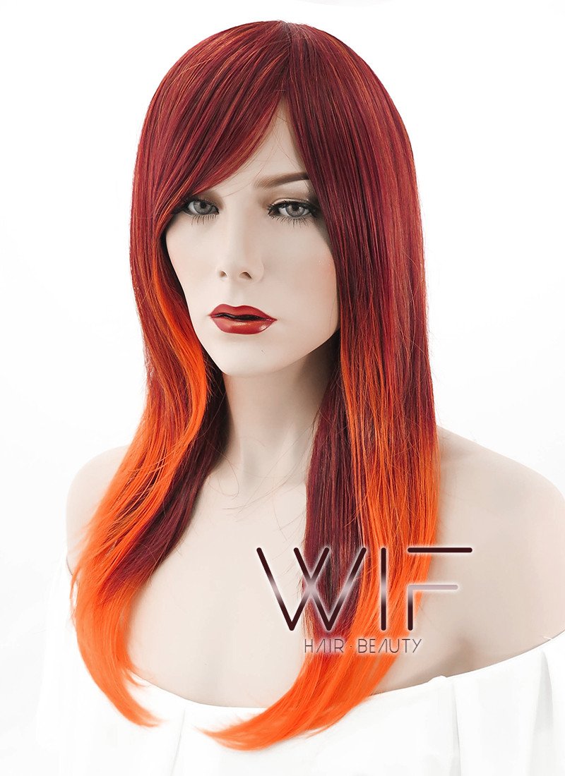 22" Long Wavy Orange Mixed Red Ombre Fashion Synthetic Hair Wig PL330