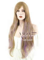 28" Wavy Brown Mixed Purplish Pink Synthetic Wig PL465