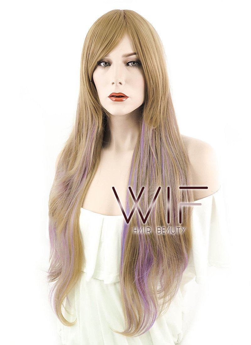 28" Wavy Brown Mixed Purplish Pink Synthetic Wig PL465