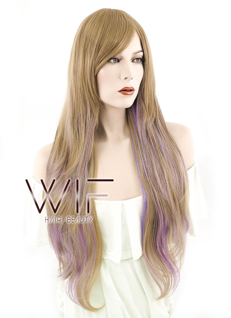 28" Wavy Brown Mixed Purplish Pink Synthetic Wig PL465