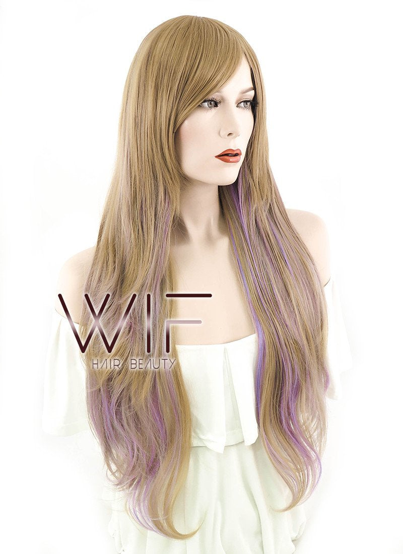 28" Wavy Brown Mixed Purplish Pink Synthetic Wig PL465