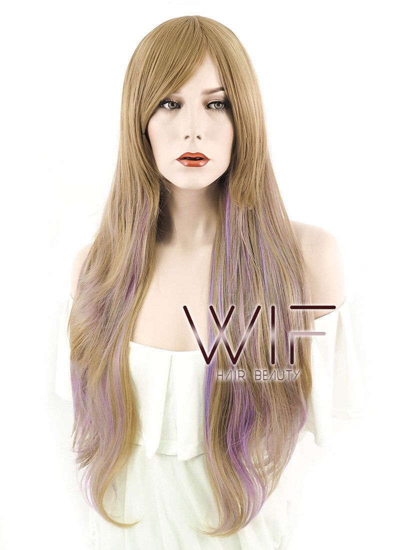 28" Wavy Brown Mixed Purplish Pink Synthetic Wig PL465