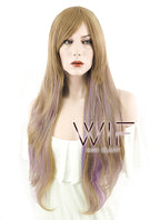 28" Wavy Brown Mixed Purplish Pink Synthetic Wig PL465