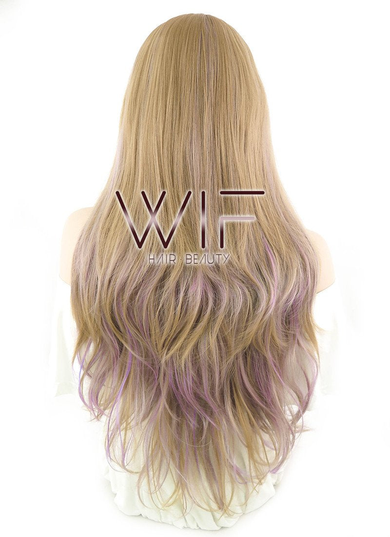 28" Wavy Brown Mixed Purplish Pink Synthetic Wig PL465