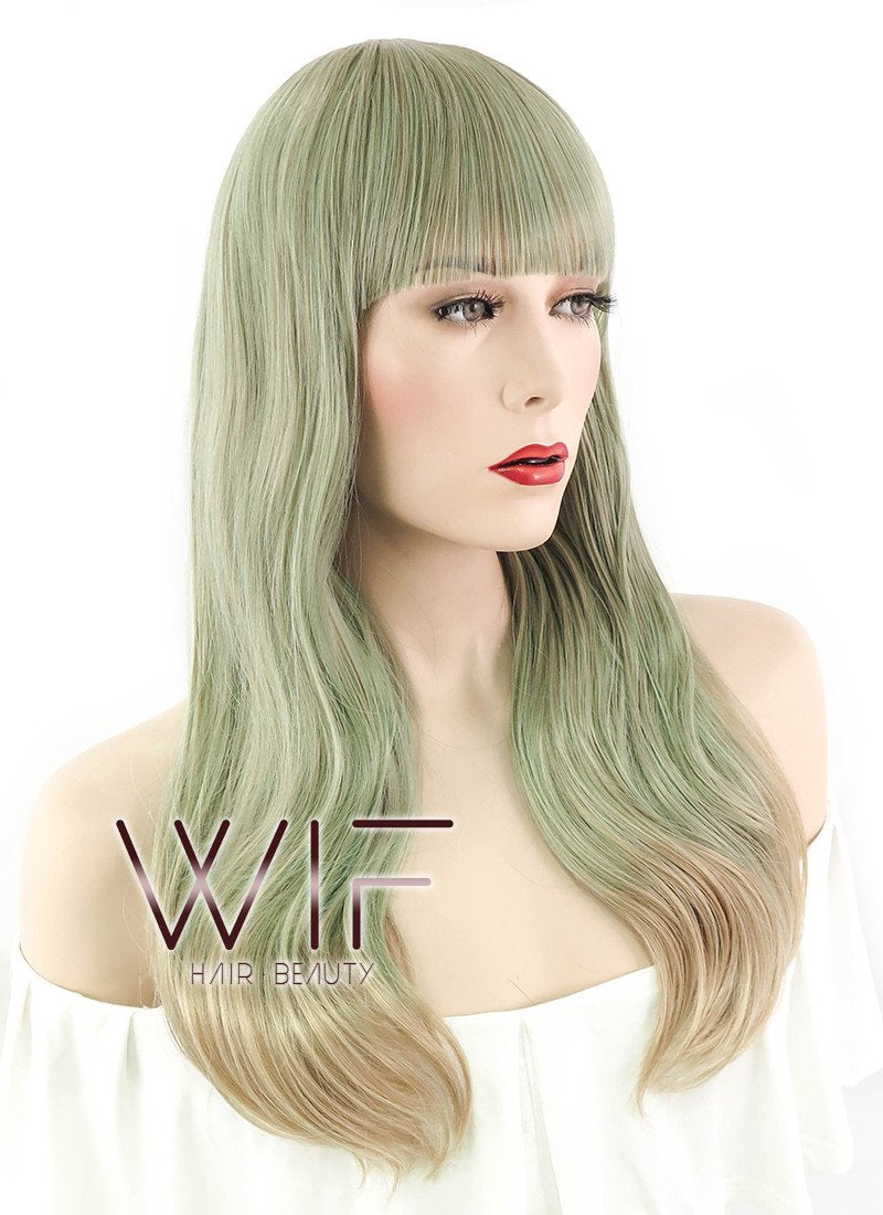 22" Straight Ash Green Blonde Ombre Synthetic Wig PL472