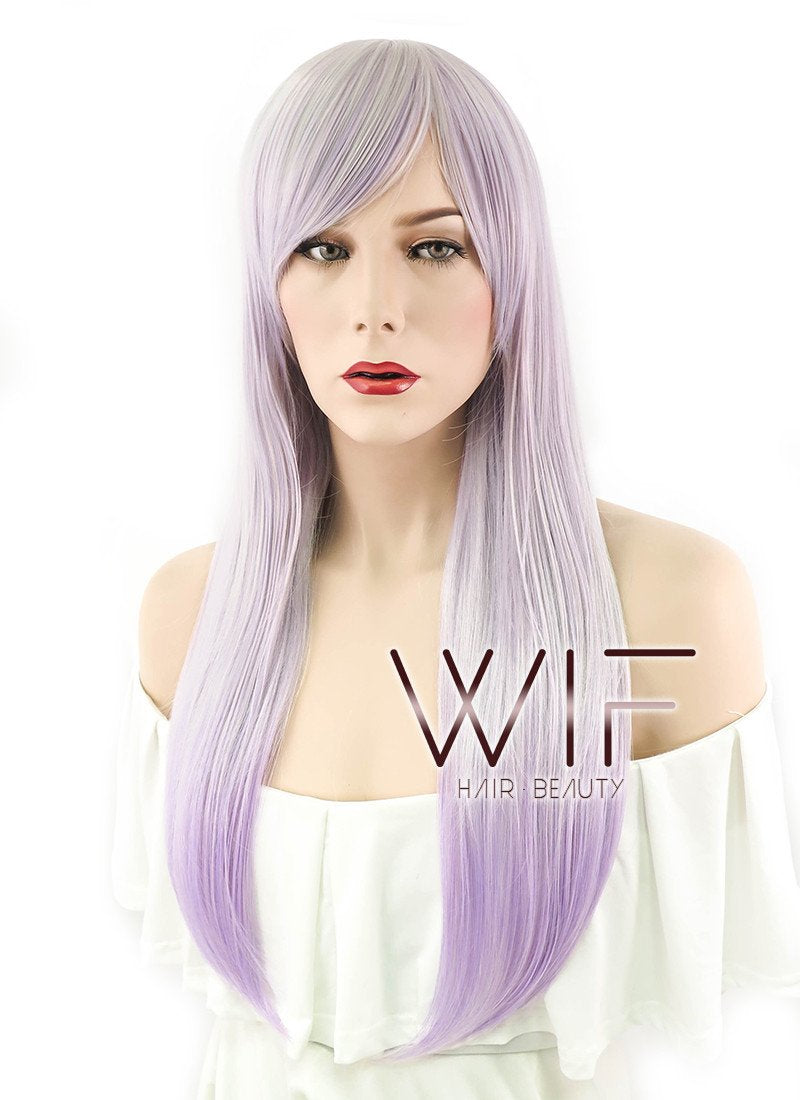 24" Straight Lilac Purple Grey Ombre Synthetic Wig PL474