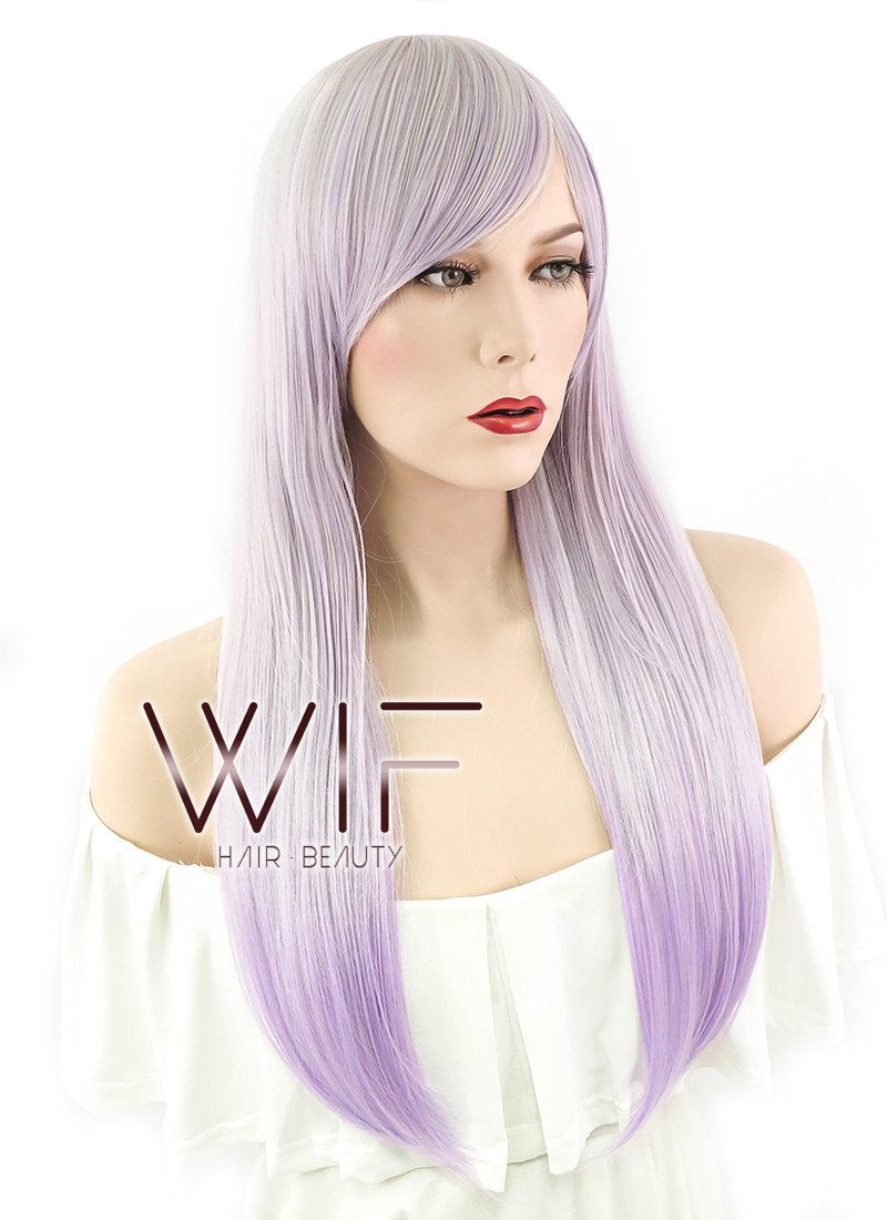 24" Straight Lilac Purple Grey Ombre Synthetic Wig PL474