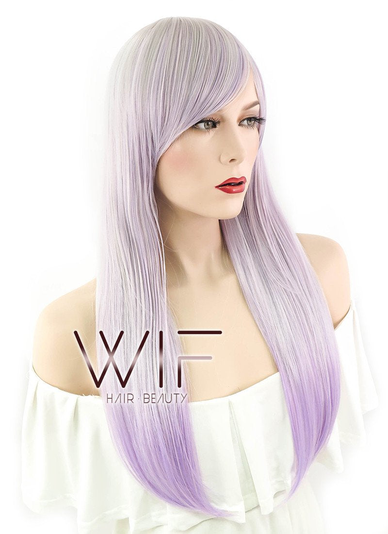 24" Straight Lilac Purple Grey Ombre Synthetic Wig PL474